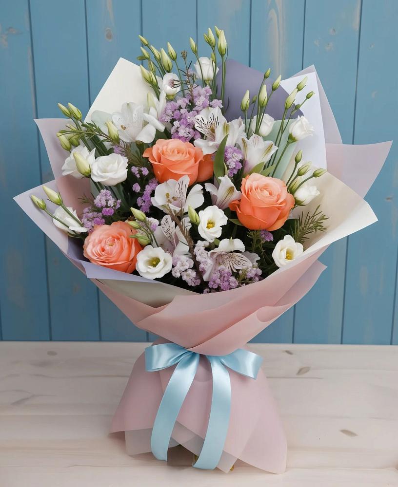 Букет цветов из: Лизиантусы, Розы, Альстромерии и Гипсофила в Кропоткине