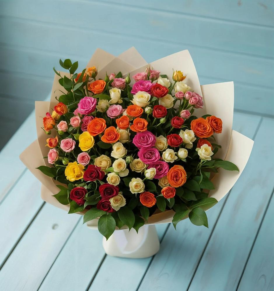 Букет Микс из разноцветных кустовых роз в Кропоткине