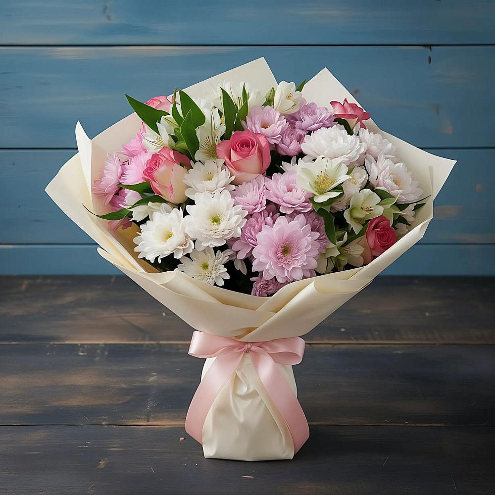 Букет цветов из: Хризантемы, Альстромерии и Розы в Кропоткине